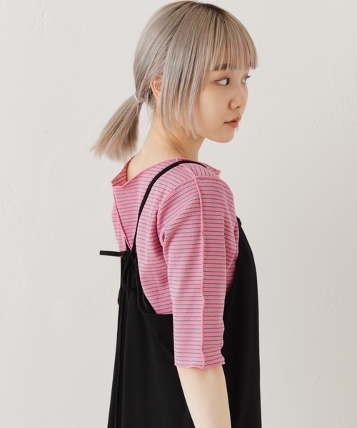 Kastane（カスタネ）の「テレコボーダー5分袖Tee（Tシャツ/カットソー・レディース・イエロー/ピンク/ブラック/オフホワイト・FREE）」の12枚目の写真