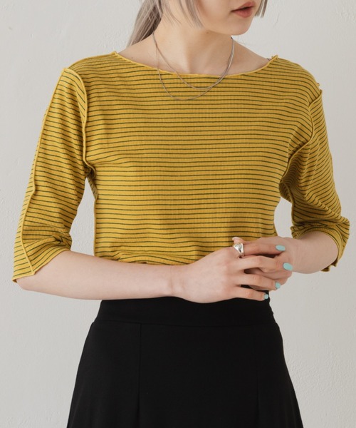 Kastane（カスタネ）の「テレコボーダー5分袖Tee（Tシャツ/カットソー・レディース・イエロー/ピンク/ブラック/オフホワイト・FREE）」の13枚目の写真