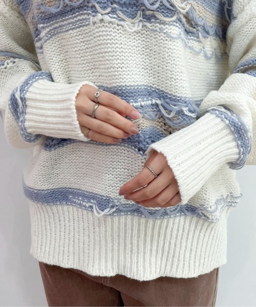 EPIMI E'PIMMY（エピミエピミー）の「〈ユニセックス〉Vネックダメージオーバーニット（ニット/セーター・レディース・オレンジ/オフホワイト/ネイビー/ブラック・MEDIUM）」の16枚目の写真