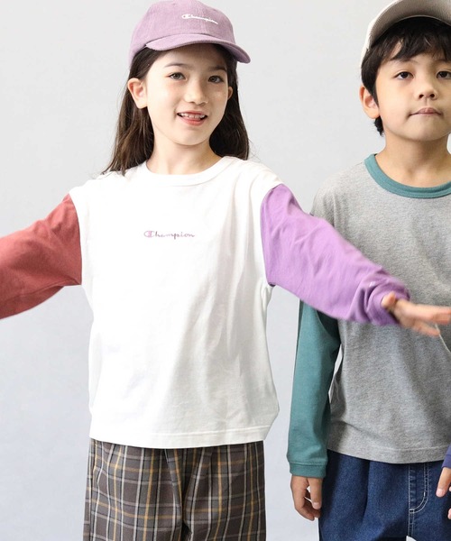 Champion（チャンピオン）の「【Champion】袖配色ロンＴ（Tシャツ/カットソー・キッズ・グレー/ホワイト・140/105/130/120）」の20枚目の写真