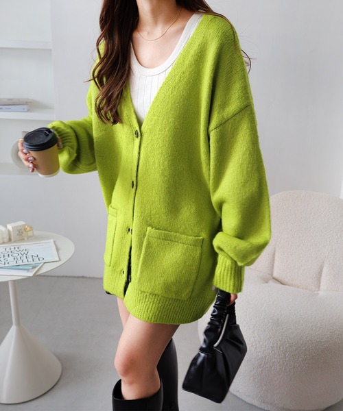 セール】モヘアタッチオーバーサイズ長袖ニットカーディガン