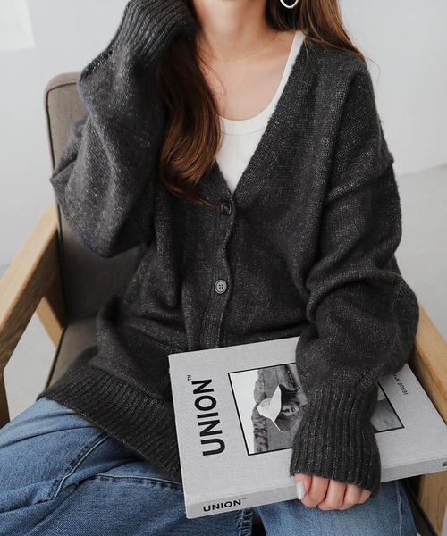 セール】モヘアタッチオーバーサイズ長袖ニットカーディガン