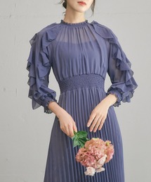 袖フリルシャーリングプリーツ ロング 結婚式 ワンピース パーティードレス オケージョンドレス お呼ばれ 二次会 成人式 同窓会 謝恩会