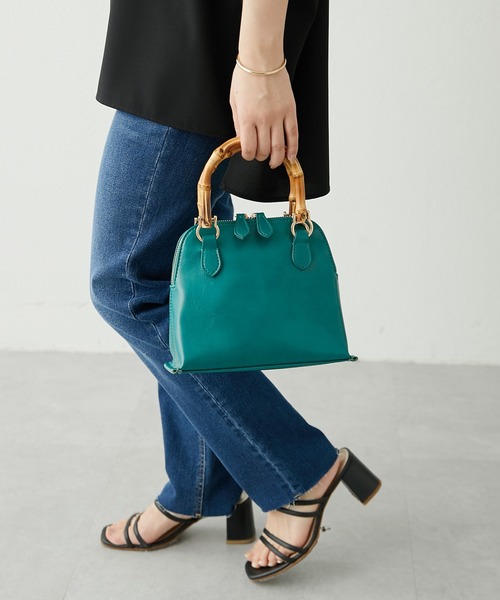 PAPILLONNER(パピヨネ)の「【OT】バンブーハンドルバッグ/PAPILLONNER/パピヨネ(ショルダーバッグ・レディース・ライトグレー/グリーン・FREE)」の1枚目の写真