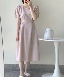 ウエストリボン スクエアネック チェックワンピース