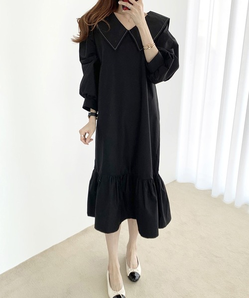 Dewlily(デューリリー)の「長袖フレアワンピース(ワンピース・レディース・ベージュ/ブラック・M/L/XL)」の2枚目の写真