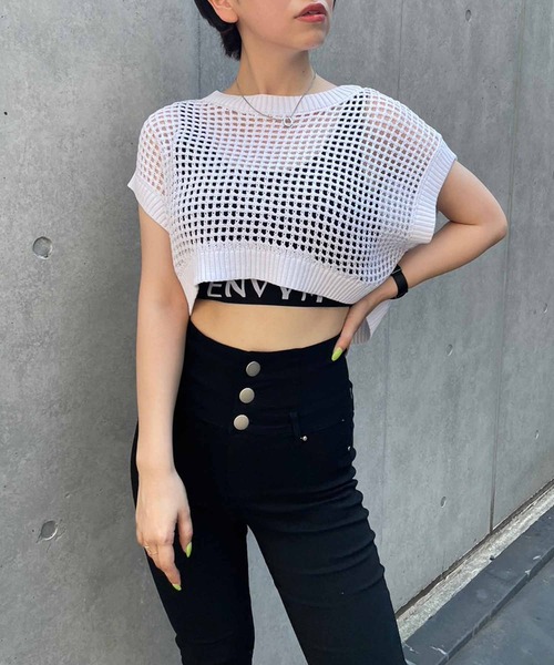 ENVYM（アンビー）の「ノースリメッシュニット（ニット/セーター・レディース・ホワイト/ブラック/ベージュ/レッド・FREE）」の2枚目の写真