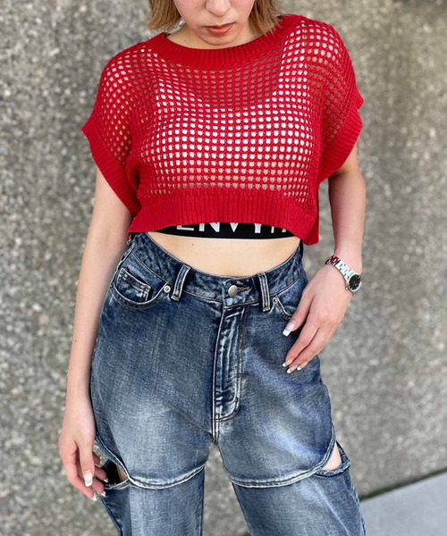 ENVYM（アンビー）の「ノースリメッシュニット（ニット/セーター・レディース・ホワイト/ブラック/ベージュ/レッド・FREE）」の12枚目の写真