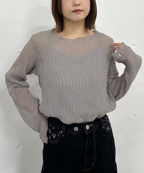 archives（アルシーヴ）の「シアー楊柳ＴＯＰＳ（Tシャツ/カットソー・レディース・モカ/アイボリー/ブルーグレー/ブラック/グレー/グリーン/ピンク・MEDIUM）」の3枚目の写真