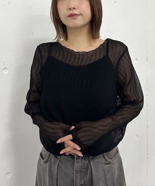 archives（アルシーヴ）の「シアー楊柳ＴＯＰＳ（Tシャツ/カットソー・レディース・モカ/アイボリー/ブルーグレー/ブラック/グレー/グリーン/ピンク・MEDIUM）」の2枚目の写真