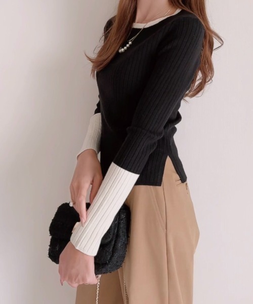 Ada.(エイダ)の「きれい目デザインでオフィスでも使える! バイカラーデザイン リブ ニット(ニット/セーター・レディース・オフホワイト/ブラック/カーキ/ベージュ・FREE)」の14枚目の写真