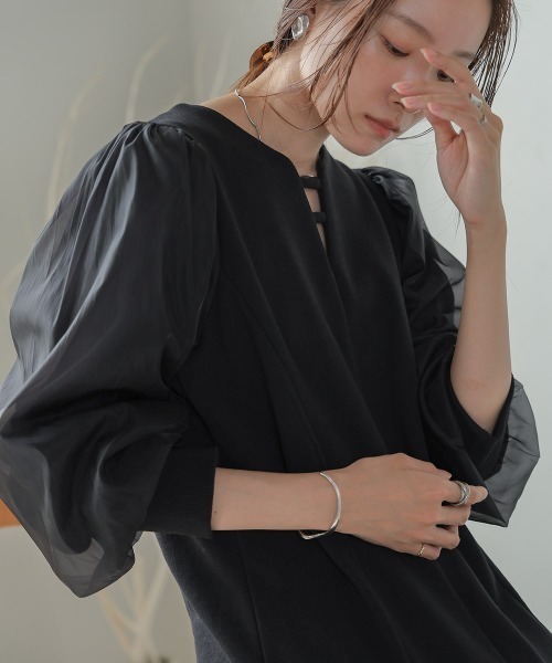 Bab(バブ)の「【低身長向けサイズあり】フレアーライン長袖オーガンジーワンピース(ワンピース・レディース・グレイッシュベージュ/ブラック/ベージュ・M/S)」の7枚目の写真