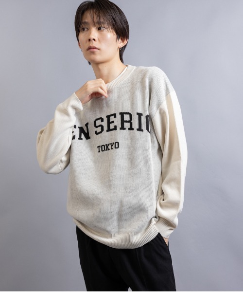 En serio TOKYO(エンソリオトーキョー)の「【En serio TOKYO】コットンタッチダブルジャガード アーチロゴ クルーネックニット(ニット/セーター・メンズ・ブラック/グレー/アイボリー・M/L)」の5枚目の写真