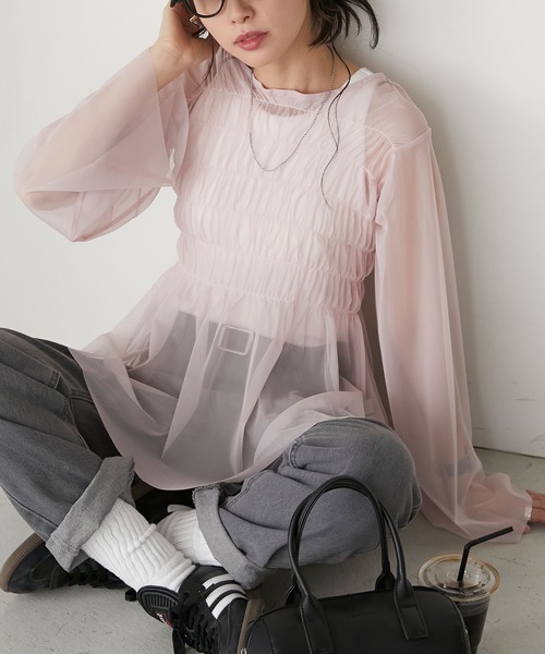 BONLECILL(ボンルシール)の「シャーリングチュールブラウス(シャツ/ブラウス・レディース・ピンク/ブルー/チャコールグレー/ブラック/アイボリー・FREE)」の8枚目の写真