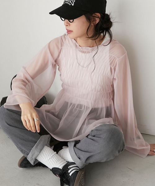 BONLECILL(ボンルシール)の「シャーリングチュールブラウス(シャツ/ブラウス・レディース・ピンク/ブルー/チャコールグレー/ブラック/アイボリー・FREE)」の14枚目の写真