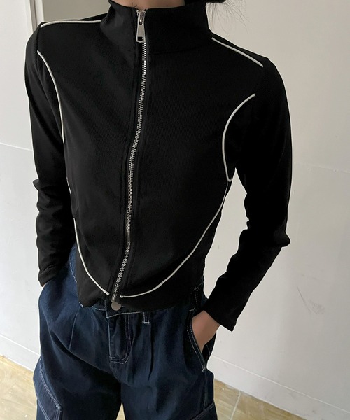 Jewelobe(ジュエローブ)の「コンパクトラインジップアップトレーナー(Tシャツ/カットソー・レディース・ホワイト/カーキ/ブラック・FREE)」の3枚目の写真