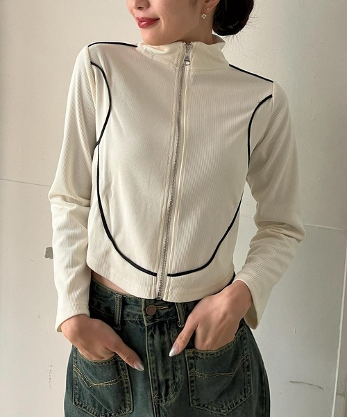 Jewelobe(ジュエローブ)の「コンパクトラインジップアップトレーナー(Tシャツ/カットソー・レディース・ホワイト/カーキ/ブラック・FREE)」の5枚目の写真