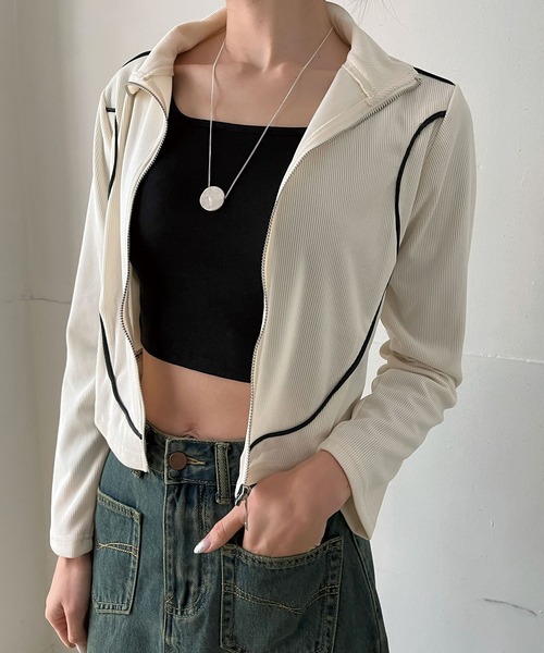 Jewelobe(ジュエローブ)の「コンパクトラインジップアップトレーナー(Tシャツ/カットソー・レディース・ホワイト/カーキ/ブラック・FREE)」の7枚目の写真