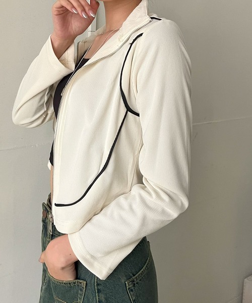 Jewelobe(ジュエローブ)の「コンパクトラインジップアップトレーナー(Tシャツ/カットソー・レディース・ホワイト/カーキ/ブラック・FREE)」の8枚目の写真