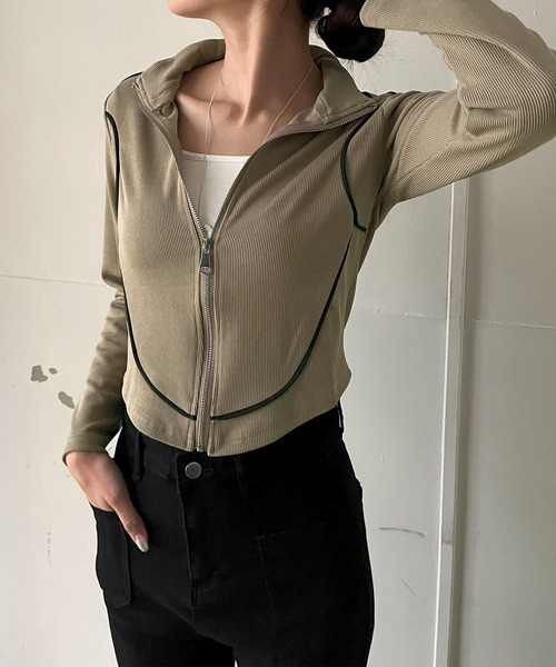 Jewelobe(ジュエローブ)の「コンパクトラインジップアップトレーナー(Tシャツ/カットソー・レディース・ホワイト/カーキ/ブラック・FREE)」の11枚目の写真