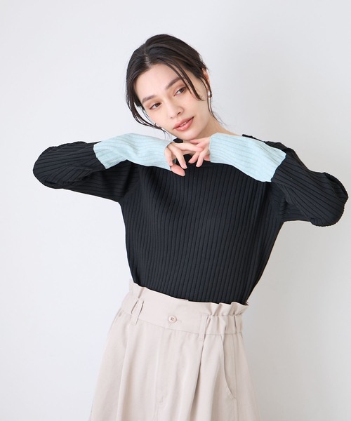 BAYFLOW(ベイフロー)の「バイカラーリブニットプルオーバー(ニット/セーター・レディース・ライトグレー/ブラック/オフホワイト/ラベンダー・SMALL/MEDIUM)」の3枚目の写真