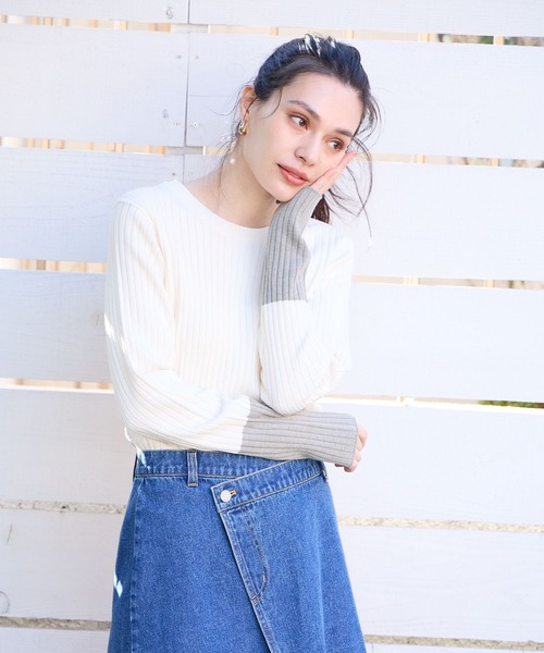 BAYFLOW(ベイフロー)の「バイカラーリブニットプルオーバー(ニット/セーター・レディース・ライトグレー/ブラック/オフホワイト/ラベンダー・SMALL/MEDIUM)」の7枚目の写真