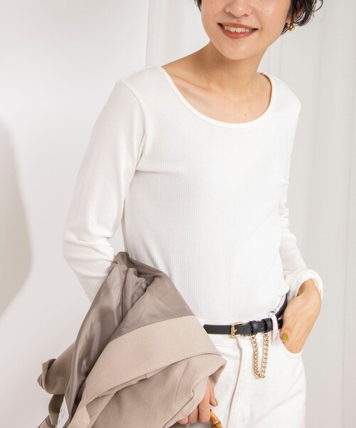 Rie Miller（リエミラー）の「ランダムテレコ長袖Tシャツ（Tシャツ/カットソー・レディース・オフホワイト/チャコールグレー/クリーム・38）」の9枚目の写真