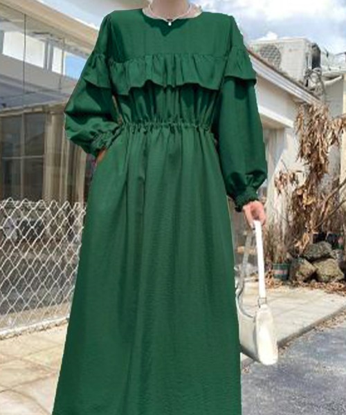 MILAE（ミレ）の「フリルウエストギャザーロングワンピース（ワンピース・レディース・グリーン/ベージュ/オフホワイト/ブラック/カーキ・FREE）」の12枚目の写真