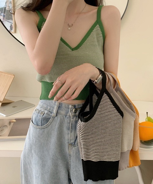 Miniministore（ミニミニストア）の「キャミソール ボーダー柄 ショート丈（キャミソール・レディース・グリーン/オレンジ/グレー/ブラック・FREE）」の14枚目の写真