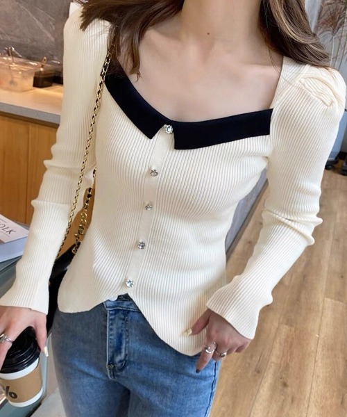 Miniministore(ミニミニストア)の「スクエアネック フェイクボタンニット(ニット/セーター・レディース・アイボリー/オフホワイト/ブラック・FREE)」の2枚目の写真