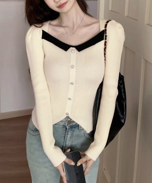 Miniministore(ミニミニストア)の「スクエアネック フェイクボタンニット(ニット/セーター・レディース・アイボリー/オフホワイト/ブラック・FREE)」の1枚目の写真