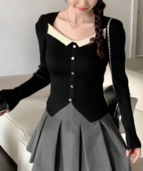 Miniministore(ミニミニストア)の「スクエアネック フェイクボタンニット(ニット/セーター・レディース・アイボリー/オフホワイト/ブラック・FREE)」の6枚目の写真