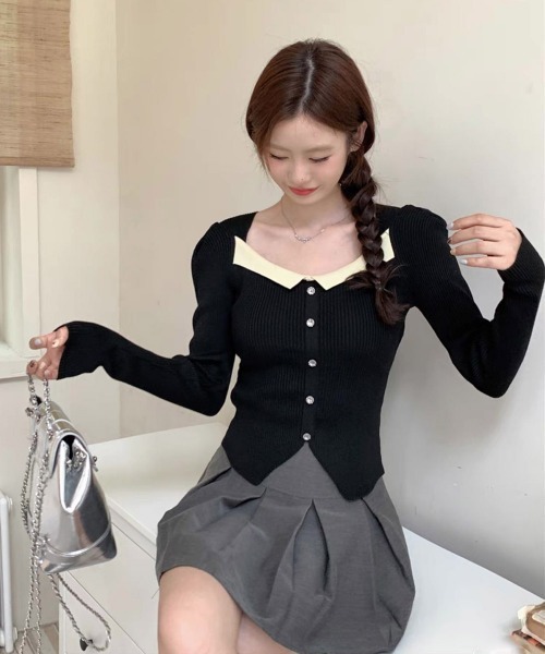 Miniministore(ミニミニストア)の「スクエアネック フェイクボタンニット(ニット/セーター・レディース・アイボリー/オフホワイト/ブラック・FREE)」の7枚目の写真