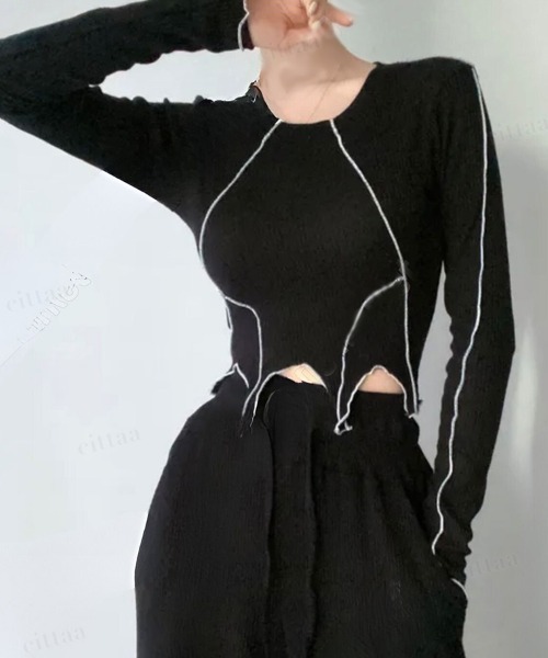 Dalfwin（ダールフィン）の「韓国ファッション ウェーブカット配色ラインカットソー（Tシャツ/カットソー・レディース・ブラック/ベージュ・FREE）」の6枚目の写真