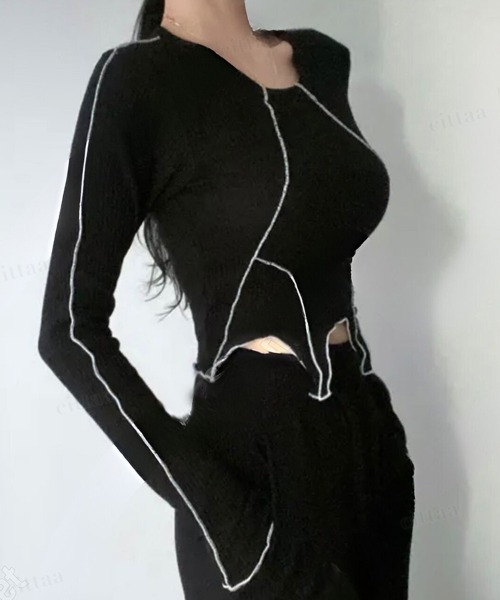 Dalfwin（ダールフィン）の「韓国ファッション ウェーブカット配色ラインカットソー（Tシャツ/カットソー・レディース・ブラック/ベージュ・FREE）」の7枚目の写真