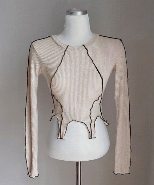 Dalfwin（ダールフィン）の「韓国ファッション ウェーブカット配色ラインカットソー（Tシャツ/カットソー・レディース・ブラック/ベージュ・FREE）」の11枚目の写真