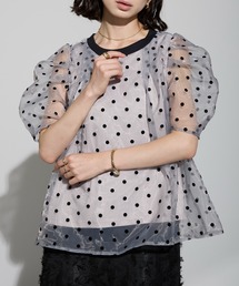 フロッキードットパフスリーブオーガンジーTシャツ
