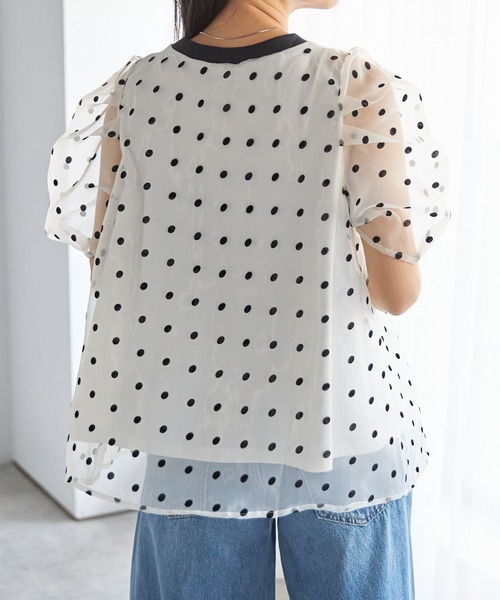 フロッキードットパフスリーブオーガンジーTシャツ（Tシャツ