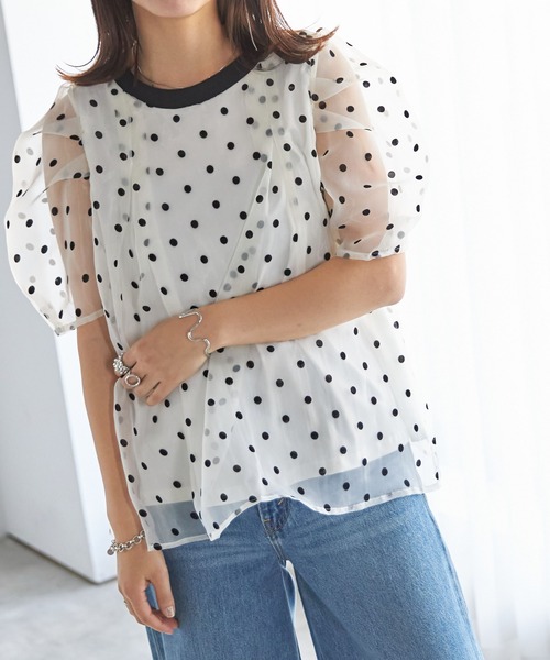 フロッキードットパフスリーブオーガンジーTシャツ（Tシャツ