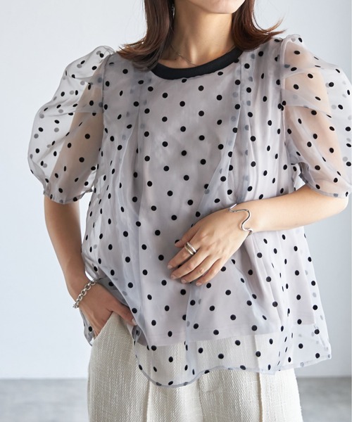 【あすつく】 セール】フロッキードットパフスリーブオーガンジーTシャツ（T 犬服・アクセサリー