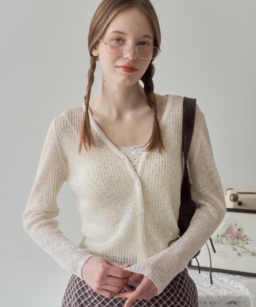 Birthday room（バースデイルーム）の「シアーニットカラーカーディガン（カーディガン/ボレロ・レディース・ホワイト/グレー/ピンク/イエロー/グリーン/ブラック/ライトブルー・FREE）」の2枚目の写真