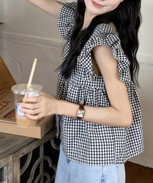 HALEY PESCA（ヘーリーペスカ）の「HALEY PESCA/スクエアネック　チェックフリルブラウス（シャツ/ブラウス・レディース・ブラック/レッド・SMALL/MEDIUM/LARGE）」の2枚目の写真