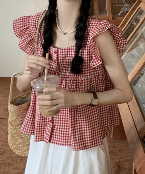 HALEY PESCA（ヘーリーペスカ）の「HALEY PESCA/スクエアネック　チェックフリルブラウス（シャツ/ブラウス・レディース・ブラック/レッド・SMALL/MEDIUM/LARGE）」の15枚目の写真