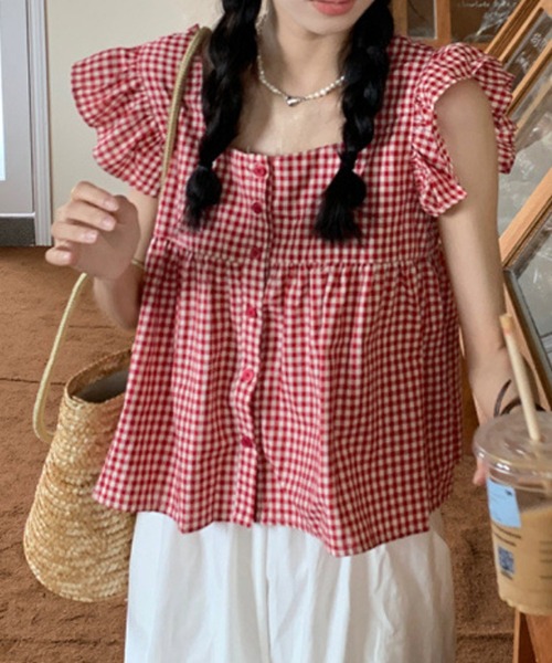 HALEY PESCA（ヘーリーペスカ）の「HALEY PESCA/スクエアネック　チェックフリルブラウス（シャツ/ブラウス・レディース・ブラック/レッド・SMALL/MEDIUM/LARGE）」の14枚目の写真