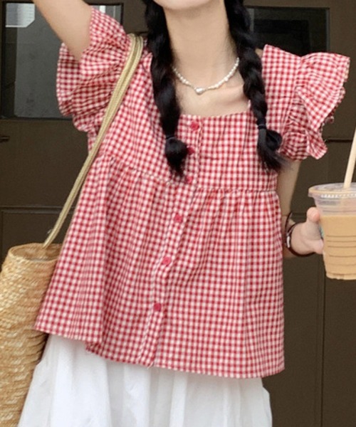 HALEY PESCA（ヘーリーペスカ）の「HALEY PESCA/スクエアネック　チェックフリルブラウス（シャツ/ブラウス・レディース・ブラック/レッド・SMALL/MEDIUM/LARGE）」の12枚目の写真