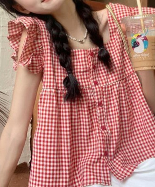 HALEY PESCA（ヘーリーペスカ）の「HALEY PESCA/スクエアネック　チェックフリルブラウス（シャツ/ブラウス・レディース・ブラック/レッド・SMALL/MEDIUM/LARGE）」の11枚目の写真