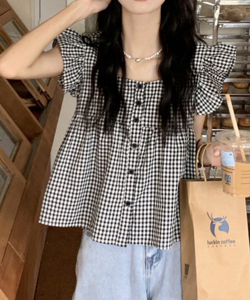 HALEY PESCA（ヘーリーペスカ）の「HALEY PESCA/スクエアネック　チェックフリルブラウス（シャツ/ブラウス・レディース・ブラック/レッド・SMALL/MEDIUM/LARGE）」の10枚目の写真