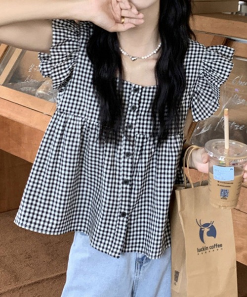 HALEY PESCA（ヘーリーペスカ）の「HALEY PESCA/スクエアネック　チェックフリルブラウス（シャツ/ブラウス・レディース・ブラック/レッド・SMALL/MEDIUM/LARGE）」の7枚目の写真