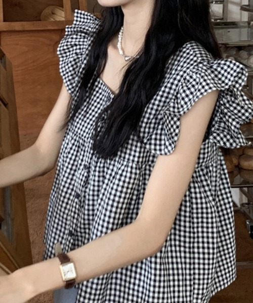 HALEY PESCA（ヘーリーペスカ）の「HALEY PESCA/スクエアネック　チェックフリルブラウス（シャツ/ブラウス・レディース・ブラック/レッド・SMALL/MEDIUM/LARGE）」の3枚目の写真