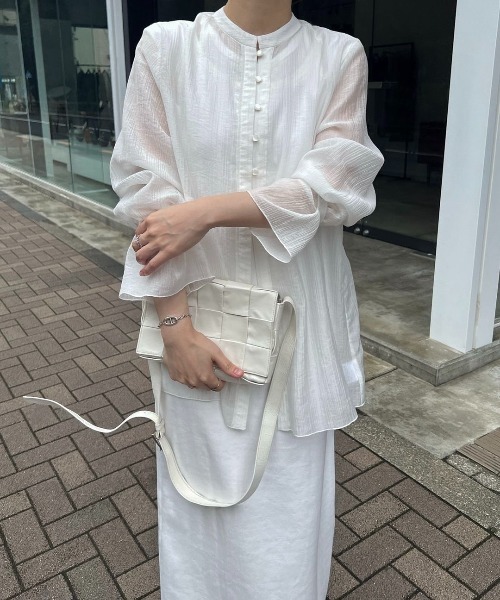 shirring pattern band collar sheer BL 白 shirring pattern band collar sheer BL 白 - メルカリ